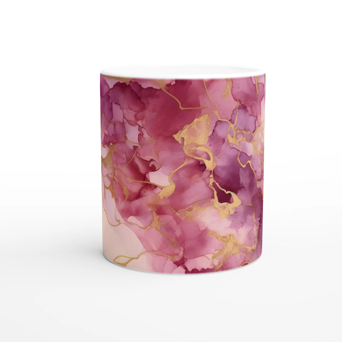 Pink marble mug with blush rose-gold abstract veins, ceramic coffee cup.
