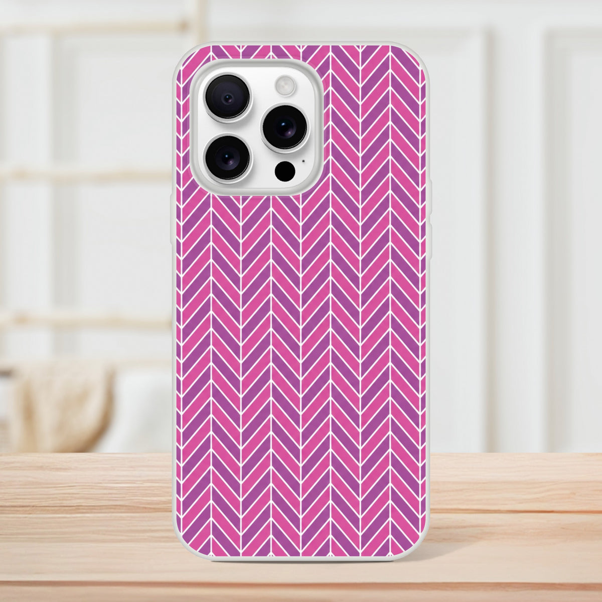 Pink and purple geometric herringbone iPhone case with slim frosty transparent TPU design for model 13-16.