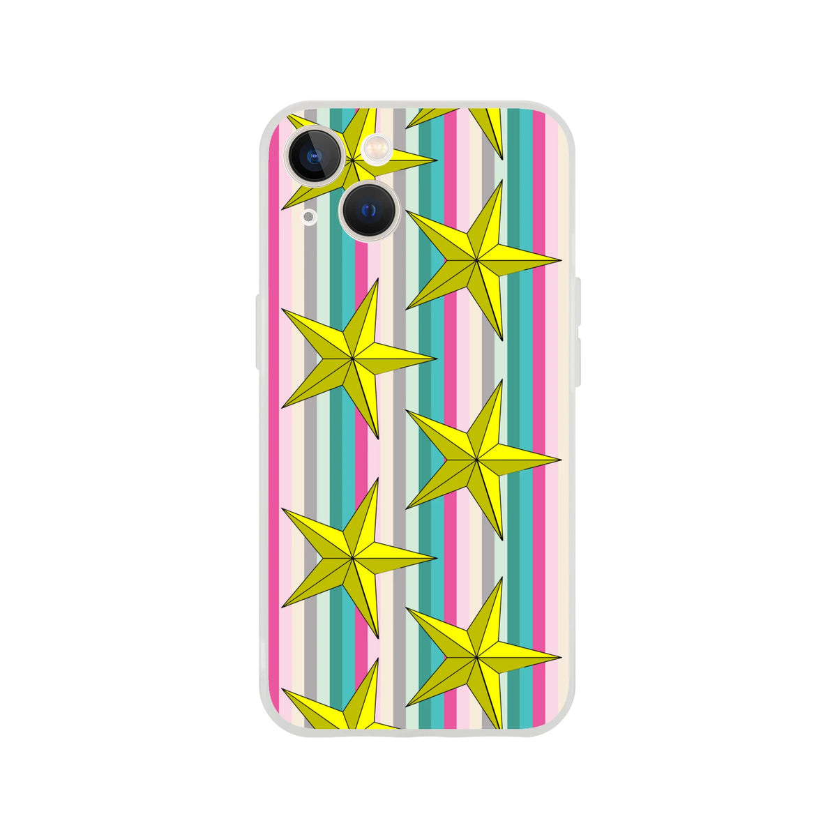Pastel stripe gold star iPhone case for 13–16, cute aesthetic cover with yellow stars.
