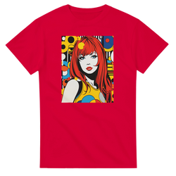 Red t-shirt featuring a colourful retro pop art print of a woman with red hair against a geometric 70s streetwear background.