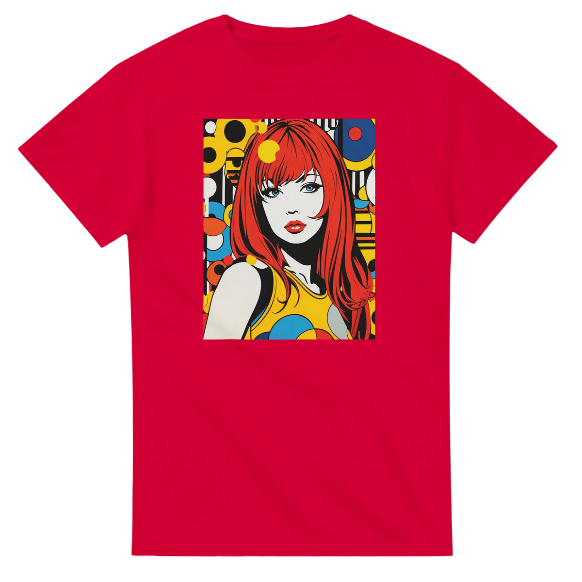 Red t-shirt featuring a colourful retro pop art print of a woman with red hair against a geometric 70s streetwear background.