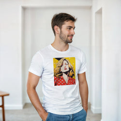Man wearing white T-shirt with retro pop-art portrait print, vintage streetwear vibe.