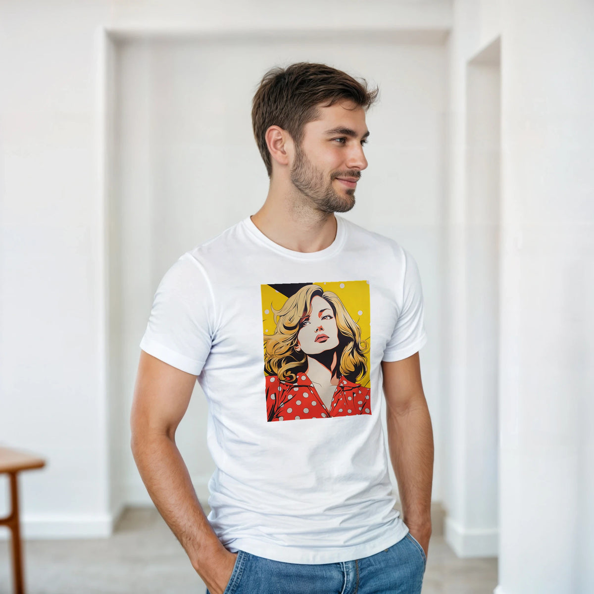 Man wearing white T-shirt with retro pop-art portrait print, vintage streetwear vibe.