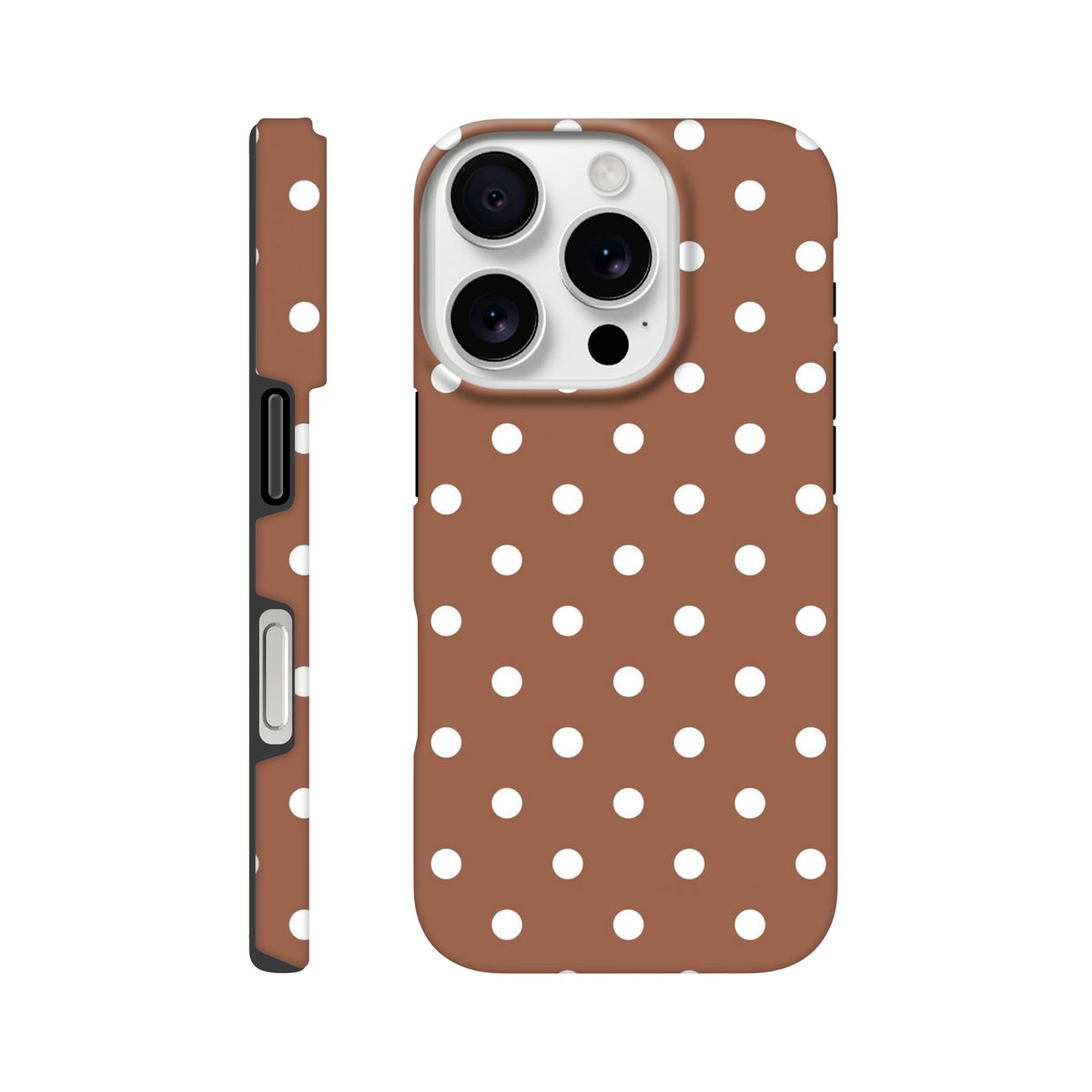 Retro brown and white polka dot tough iPhone case with shock-absorbing TPU protection for iPhone 13-16 Pro Max.