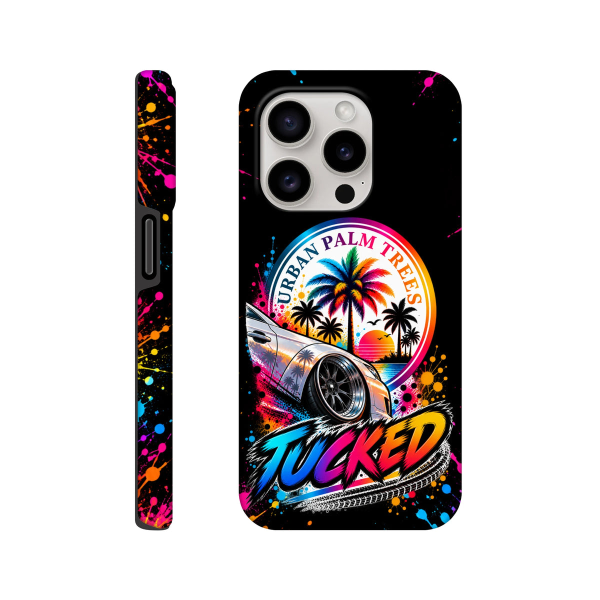 Tucked Petrolhead iPhone case with lowered car, Urban Palm Trees sunset graphic, and colorful paint splatter design on black background.
