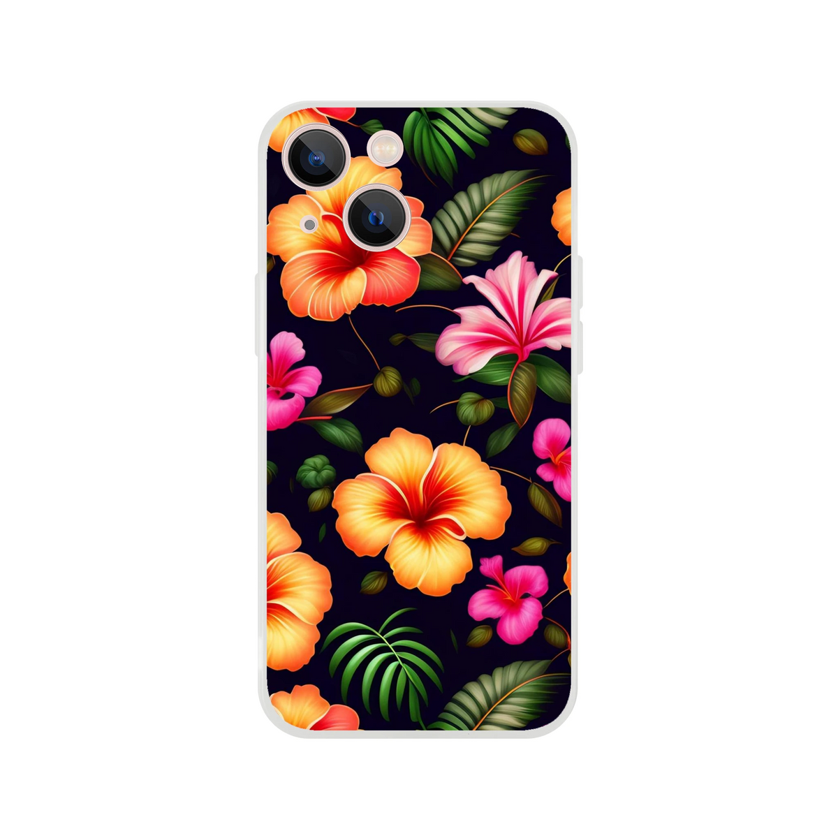 Tropical Hibiscus Botanical iPhone Case (13-16), slim matte shell with bold petals and green leaves.