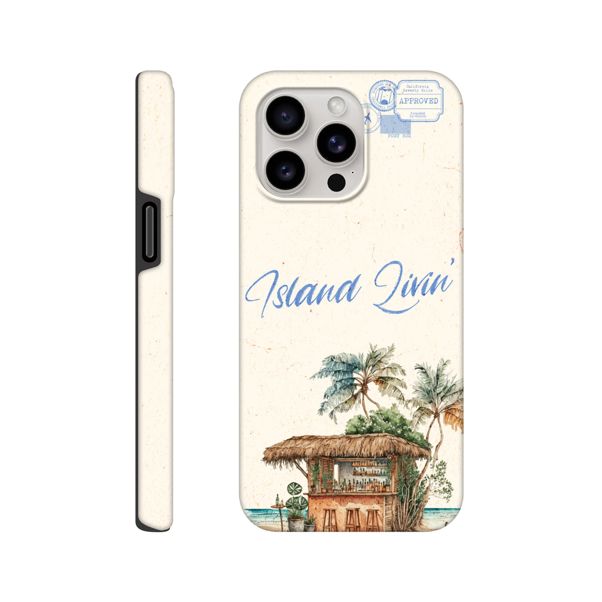 Island Beach Bar Tough iPhone Case featuring a watercolor tiki hut under palm trees with "Island Livin'" script and vintage travel stamp.