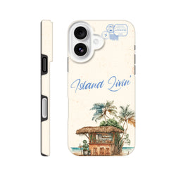Island Livin' tough iPhone case features a watercolor beach bar, palm trees, and travel stamps on a cream background.