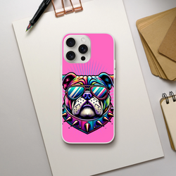 Y2K Bulldog iPhone Case (13-16): pink matte finish, colorful bulldog wearing sunglasses, slim shock-absorbing TPU.