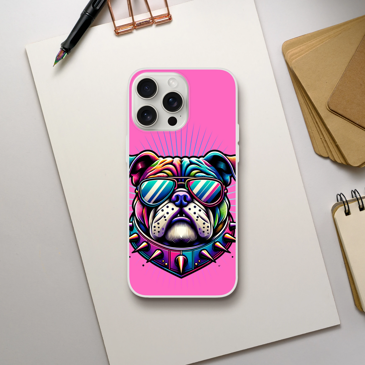 Y2K Bulldog iPhone Case (13-16): pink matte finish, colorful bulldog wearing sunglasses, slim shock-absorbing TPU.