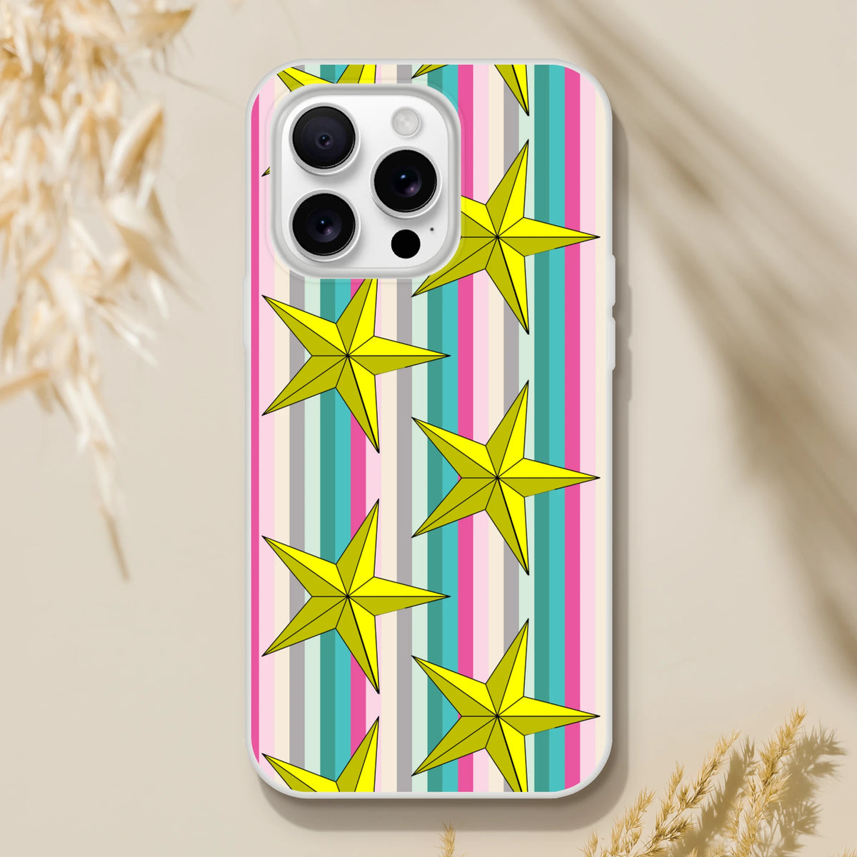 Pastel striped iPhone case with yellow stars and a shimmering gold star, slim matte TPU protection for iPhone 13–16.