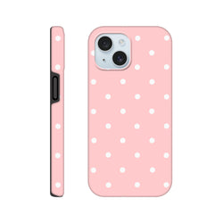 Pastel pink and white polka dot tough iPhone case featuring shock-absorbing TPU and dual-layer frame protection for drop prevention.