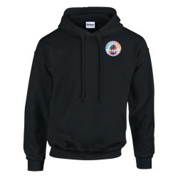 Black hoodie with front pouch pocket and colorful circular Urban Palm Trees graphic on the chest.