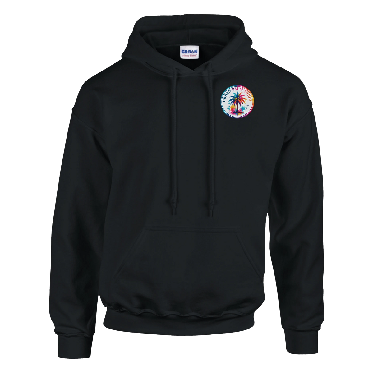 Black hoodie with front pouch pocket and colorful circular Urban Palm Trees graphic on the chest.