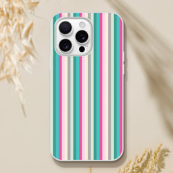 Pastel striped iPhone case for 13–16 in teal, pink, cream and gray tones.