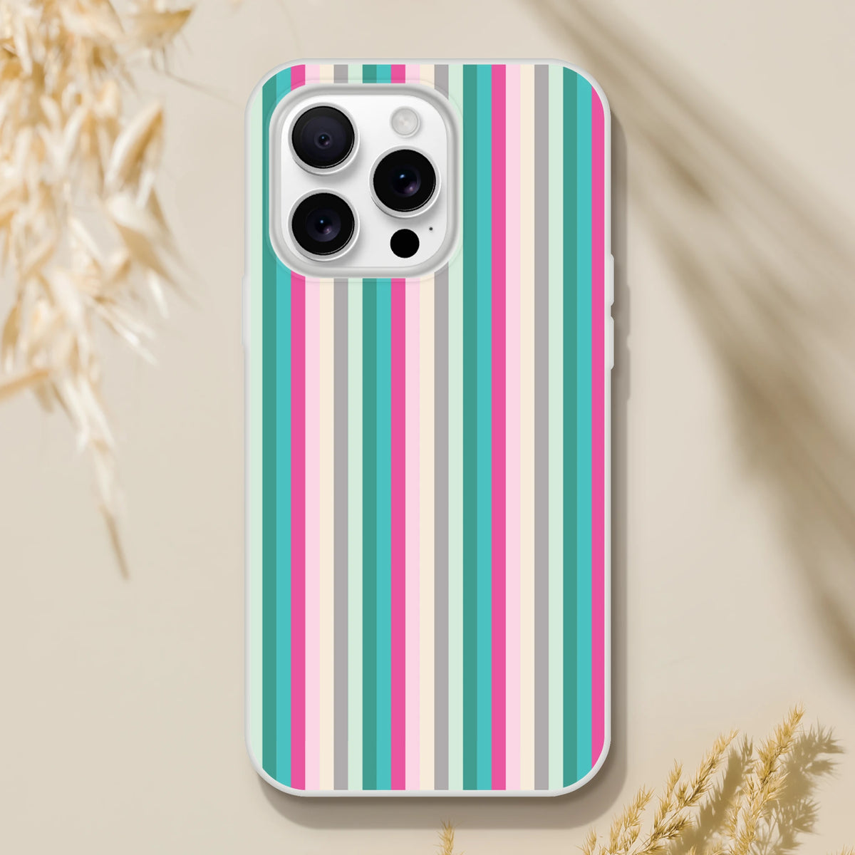 Pastel striped iPhone case for 13–16 in teal, pink, cream and gray tones.
