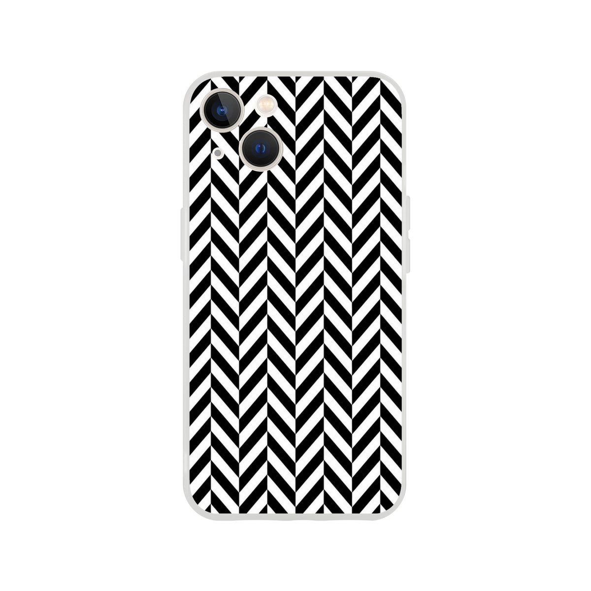 Black and white herringbone geometric iPhone case with matte finish and shock-absorbing TPU protection for models 13 through 16.
