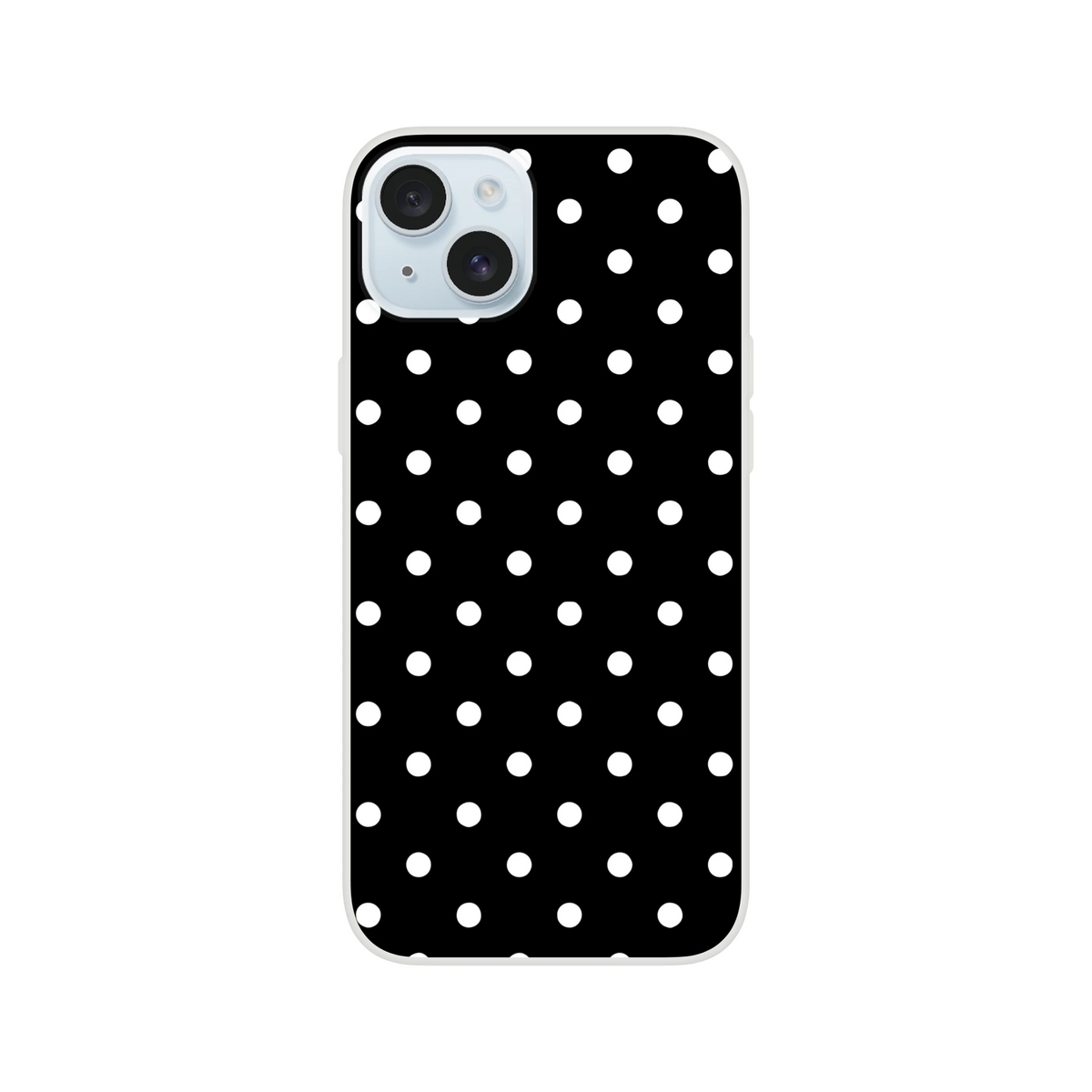 Retro black phone case with white polka dots. Slim matte TPU shell for iPhone 13-16 protection and wireless charging.