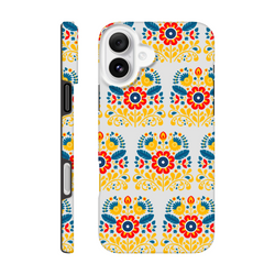 Floral wraparound phone case for iPhone 16/15/14/13 in yellow, blue, red; dual-layer, glossy protective cover.