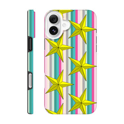 Retro rainbow striped iPhone case featuring bold yellow stars and shock-absorbing TPU protection for daily use.
