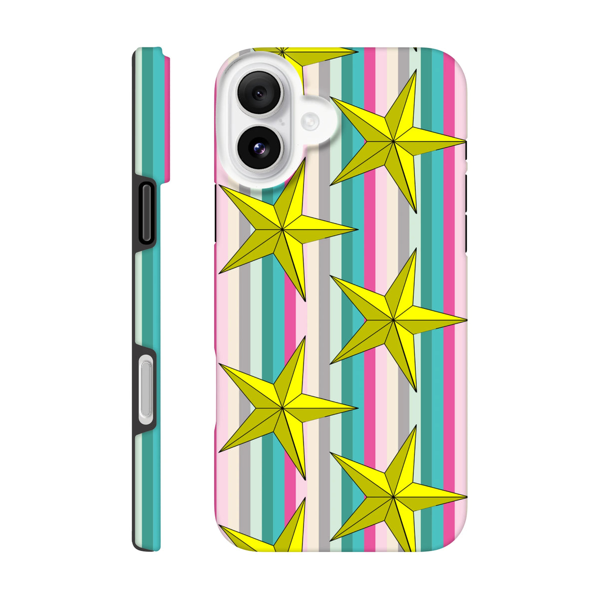 Retro rainbow striped iPhone case featuring bold yellow stars and shock-absorbing TPU protection for daily use.