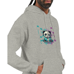Panda DJ men's graphic hoodie in heather grey with colorful paint-splatter background.