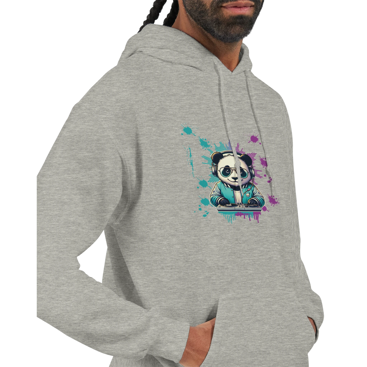 Panda DJ men's graphic hoodie in heather grey with colorful paint-splatter background.