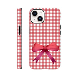 Red gingham iPhone case with a large pink bow, featuring a cute coquette wraparound design for iOS 13-16 devices.