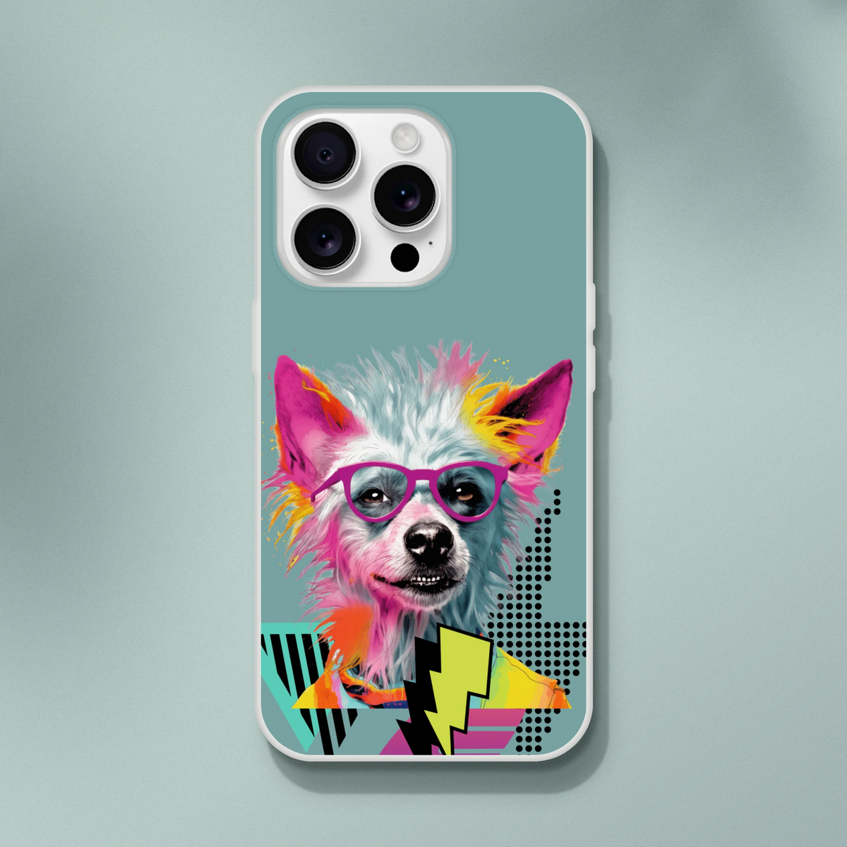 Funny Dog iPhone Case (13-16) Retro Dog Aesthetic: turquoise cover with colorful, pop-art dog portrait.