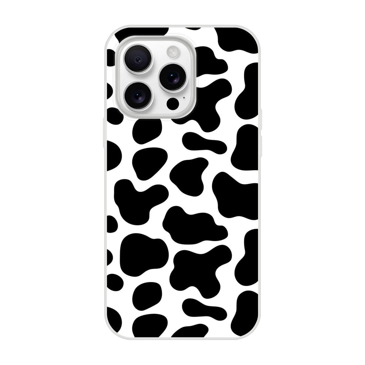Black & white cow-print iPhone case for 13-16 models with bold Y2K animal pattern.