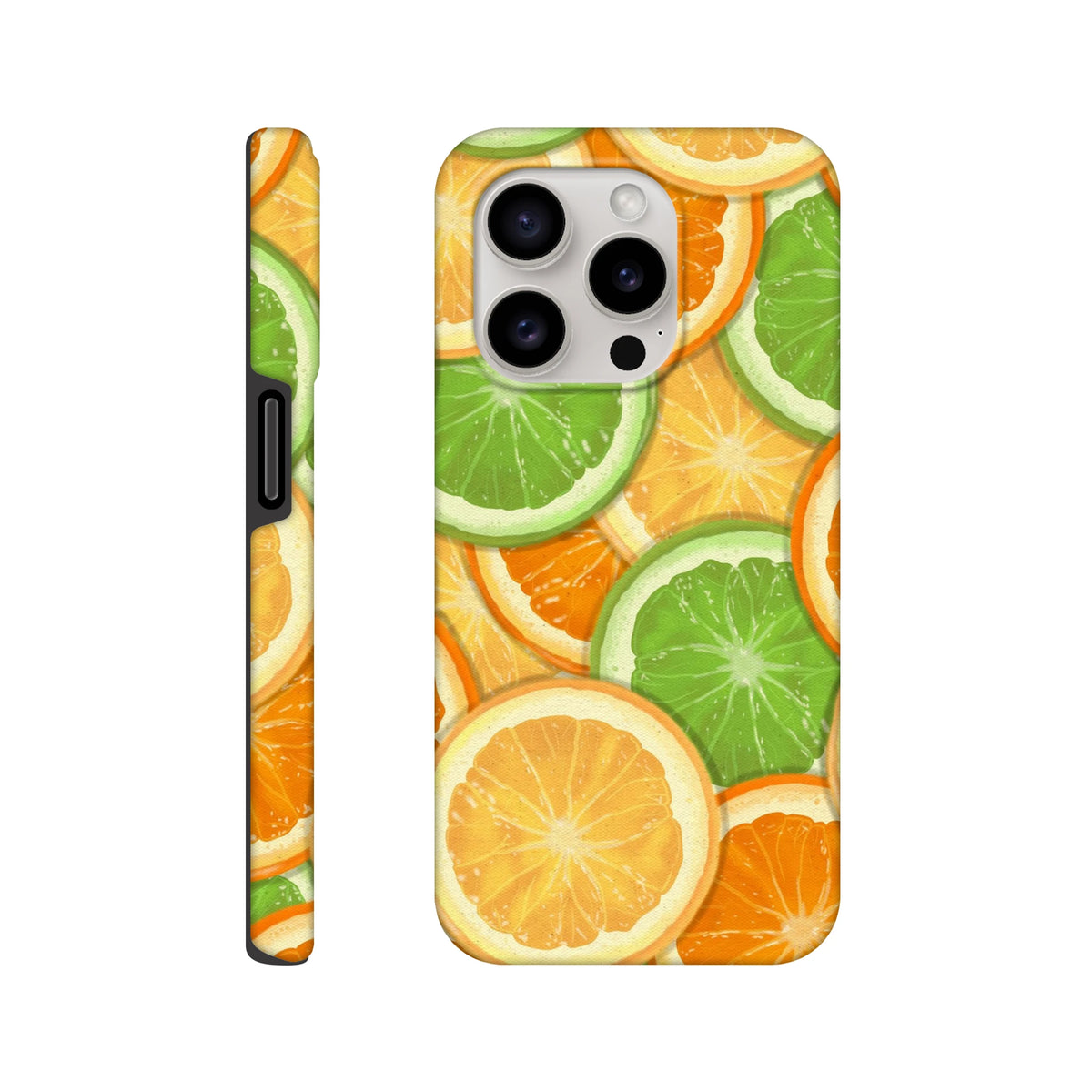 Vibrant orange and lime slice pattern on a tough iPhone case featuring shock-absorbing TPU protection for models 13-16.
