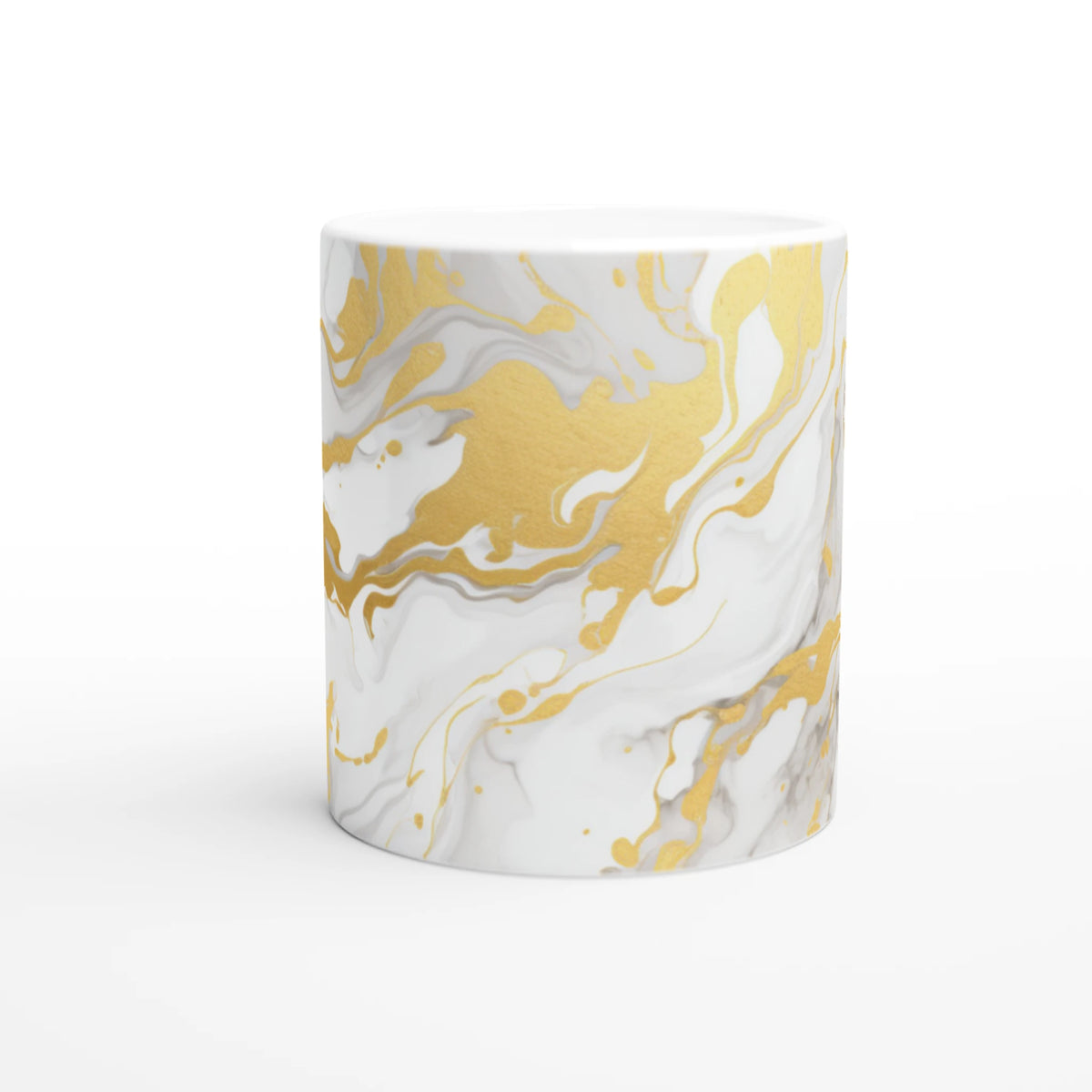 Gold and white marble mug with abstract gold accents, luxury ceramic coffee cup.