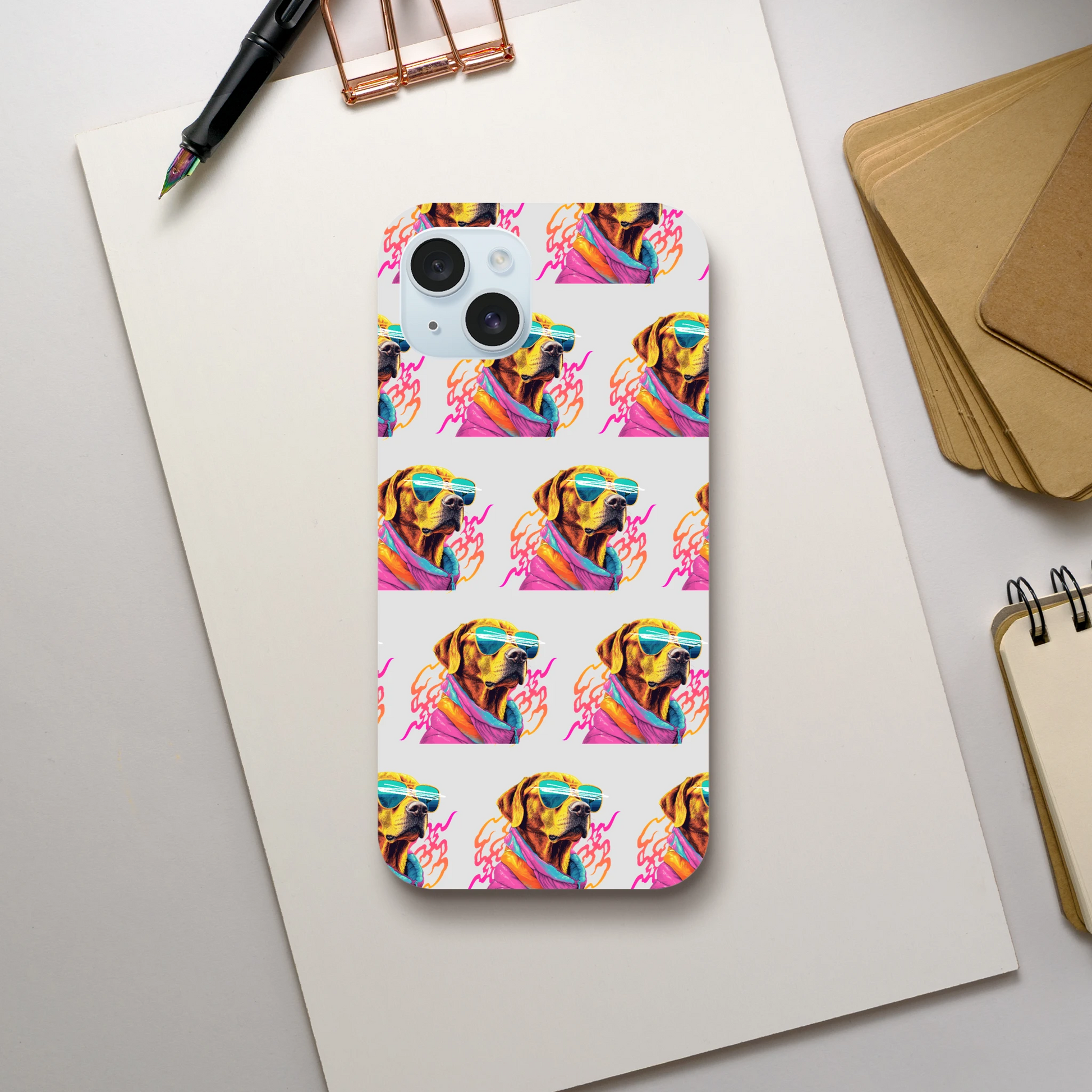 Dual-layer iPhone case with wraparound print of a colorful dog wearing sunglasses in a repeating pattern.
