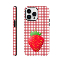 Red and white gingham iPhone case featuring a large bright red strawberry design with green leaves.