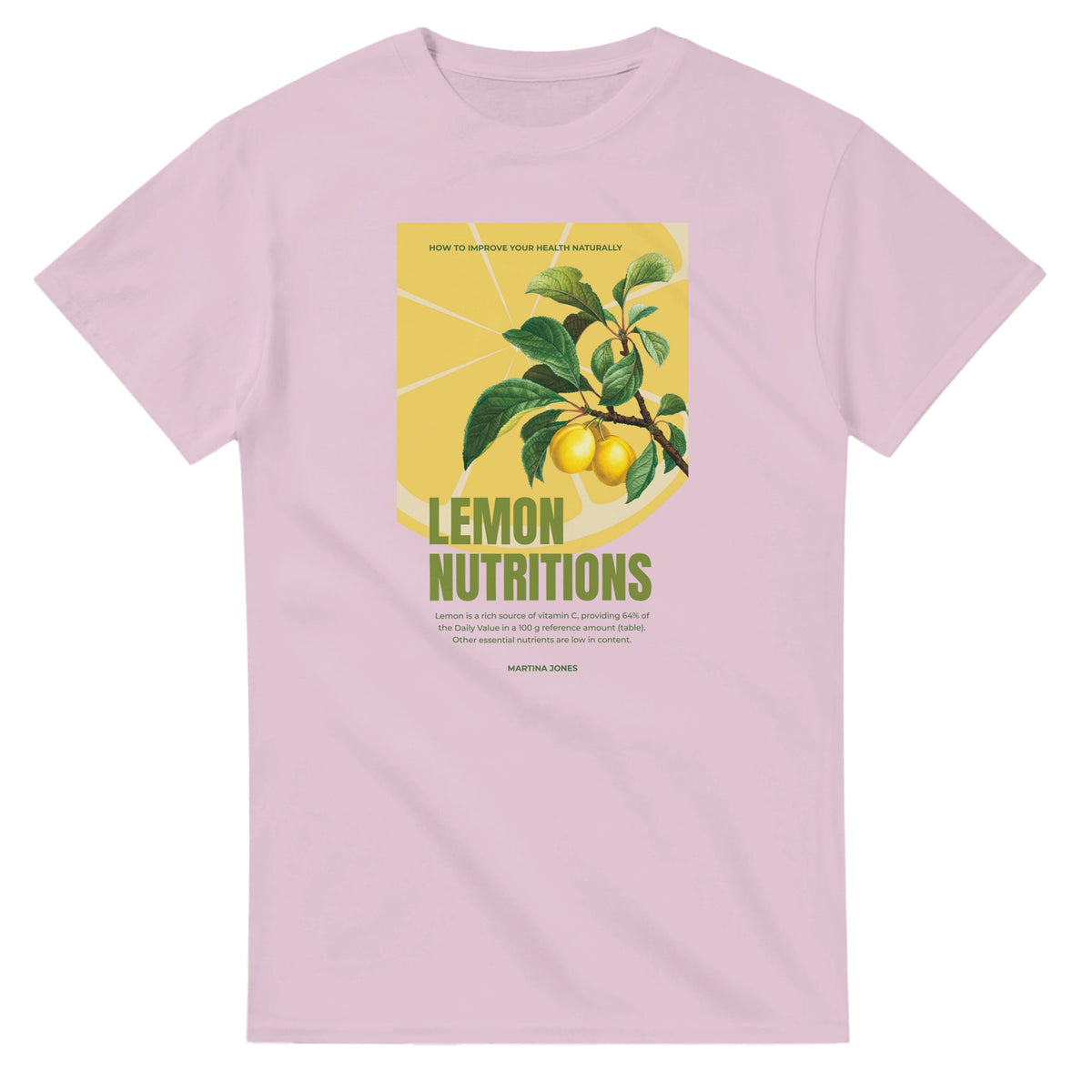 Pink women's cotton-blend crew-neck T-shirt with lemon graphic and green "LEMON NUTRITIONS" text.