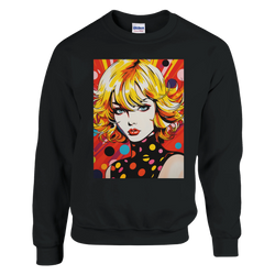 Black sweatshirt featuring a bold retro pop art woman with blonde hair and colorful polka dots in a comic book style.