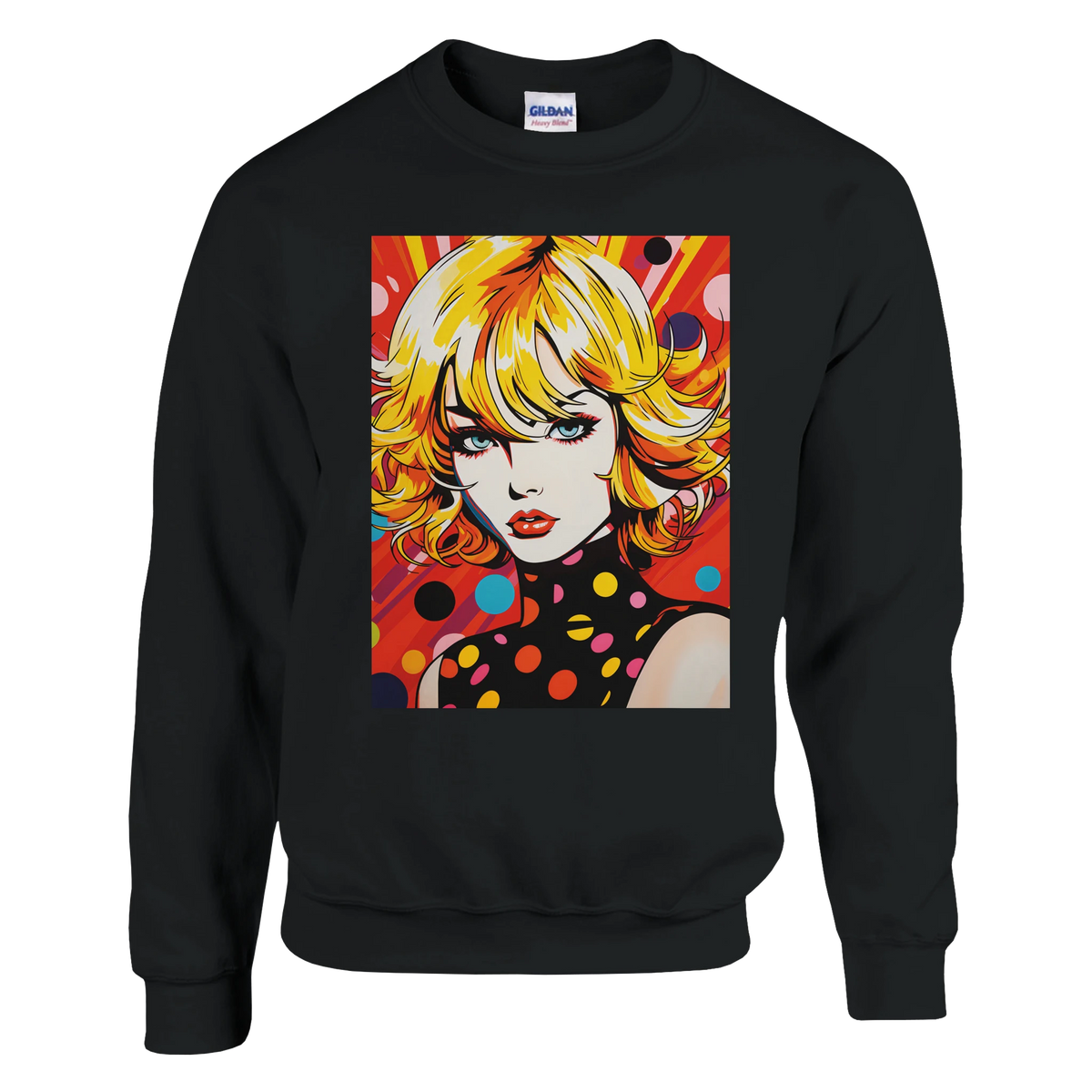 Black sweatshirt featuring a bold retro pop art woman with blonde hair and colorful polka dots in a comic book style.