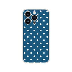 Retro navy blue iPhone case with white polka dots. Shock-absorbing TPU cover for iPhone 13-16 series.