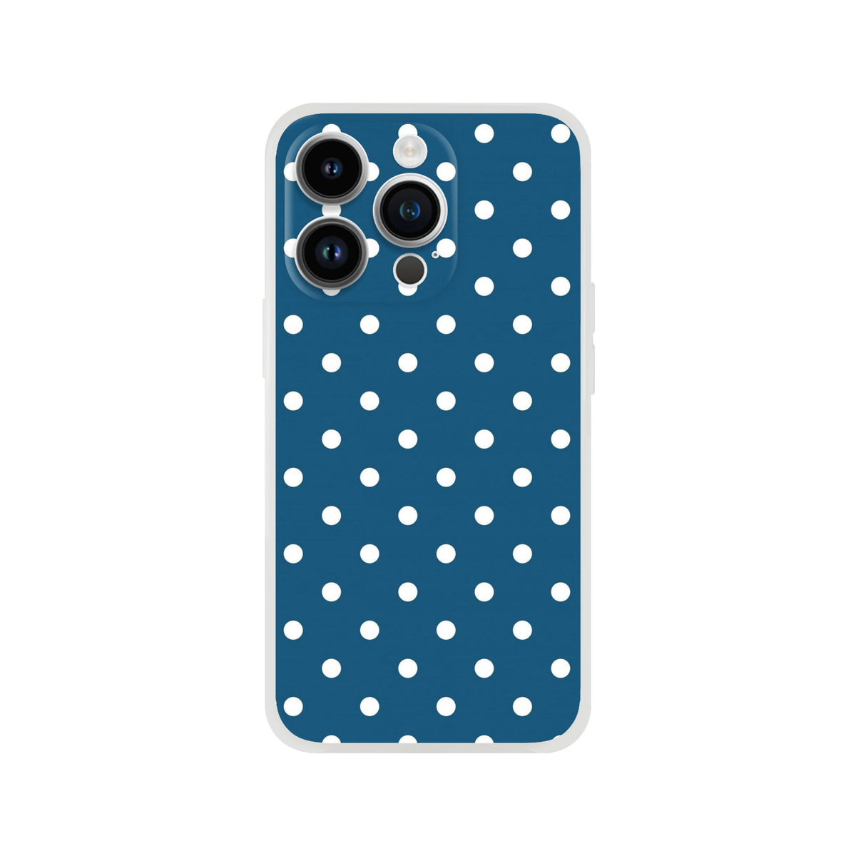 Retro navy blue iPhone case with white polka dots. Shock-absorbing TPU cover for iPhone 13-16 series.