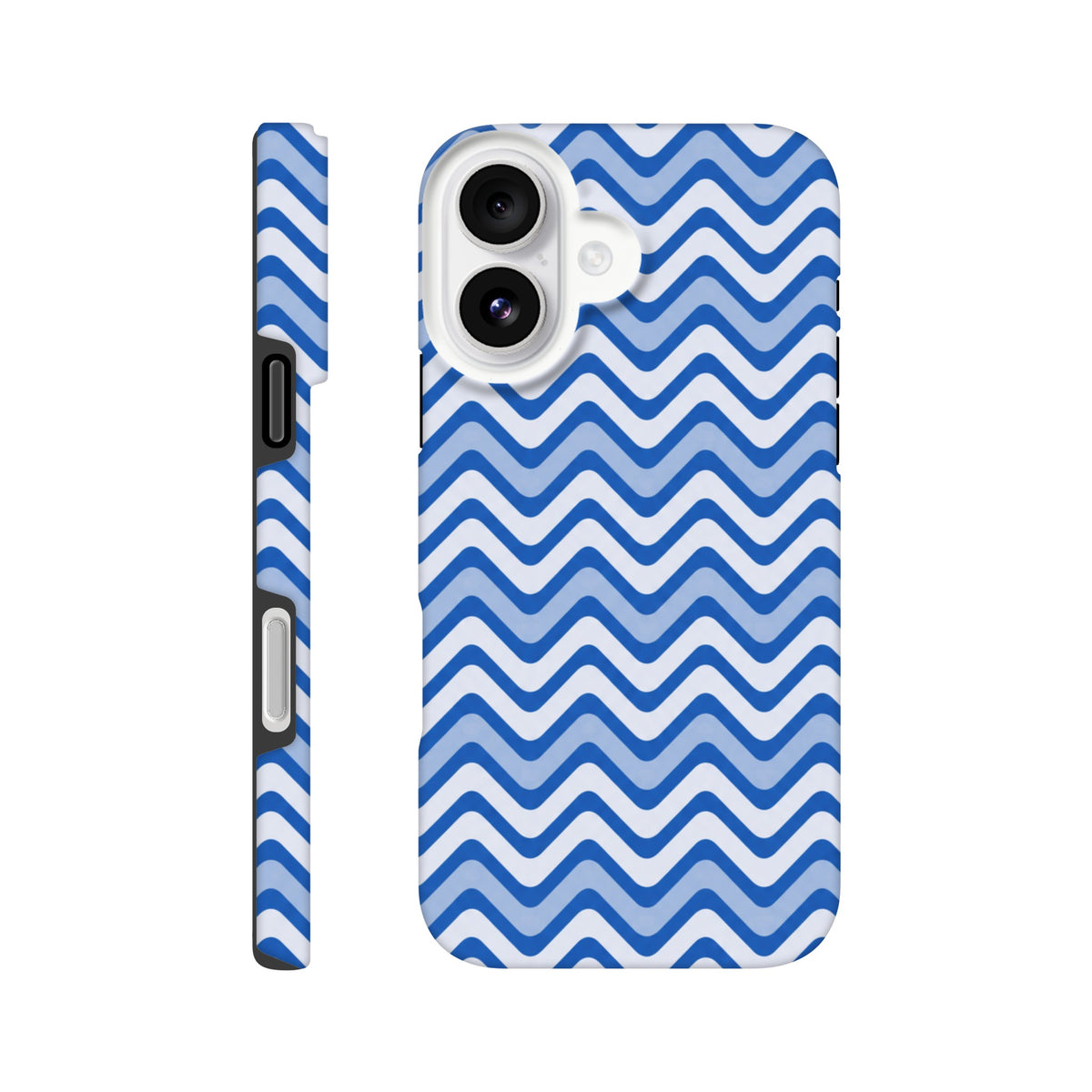 Blue and white retro zigzag iPhone case featuring a glossy wraparound chevron print and dual-layer shock-absorbing TPU protection for daily impact resistance.