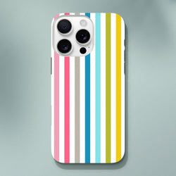 Retro rainbow multicolour stripe tough iPhone case featuring vibrant vertical pink, blue, yellow, and grey bars on white.