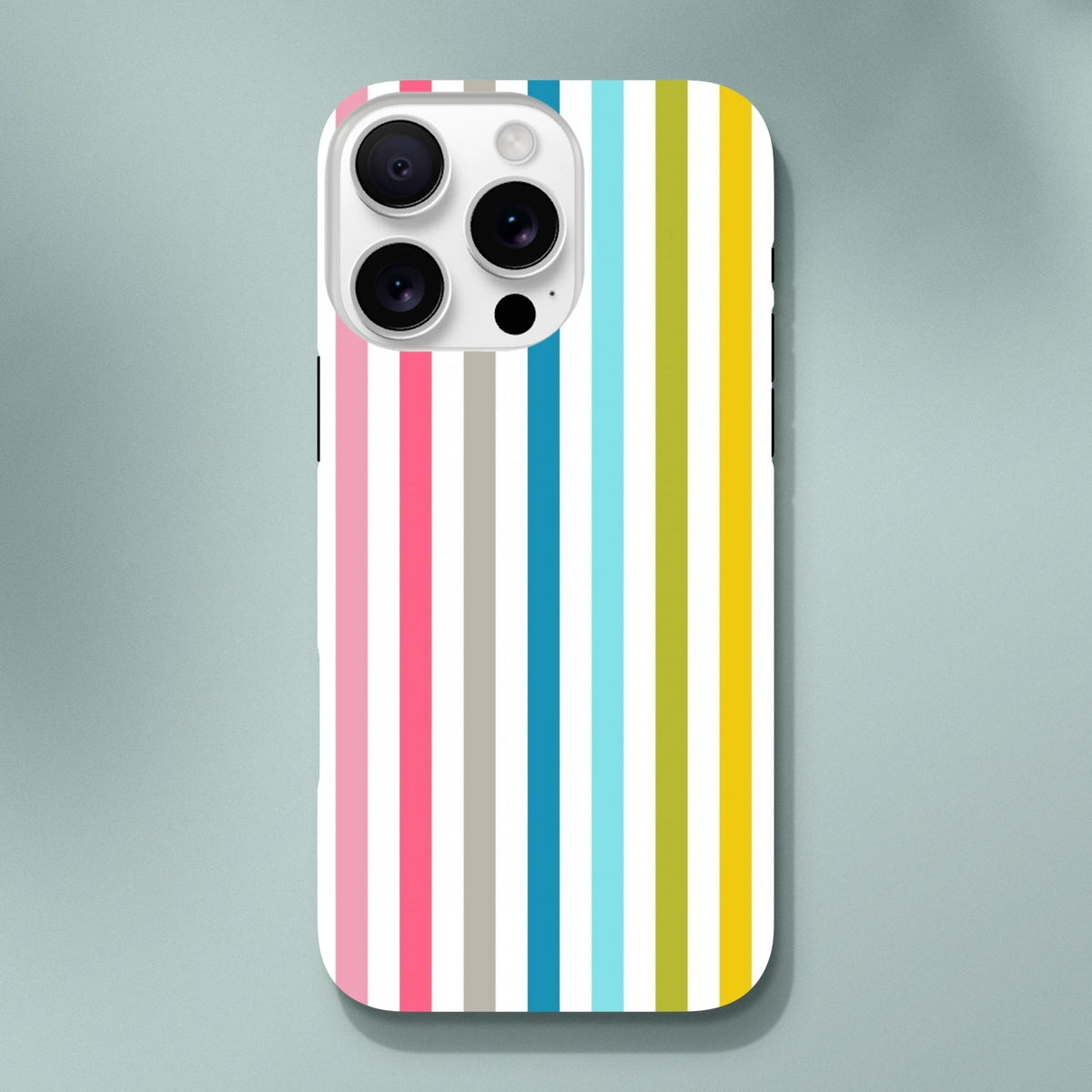 Retro rainbow multicolour stripe tough iPhone case featuring vibrant vertical pink, blue, yellow, and grey bars on white.