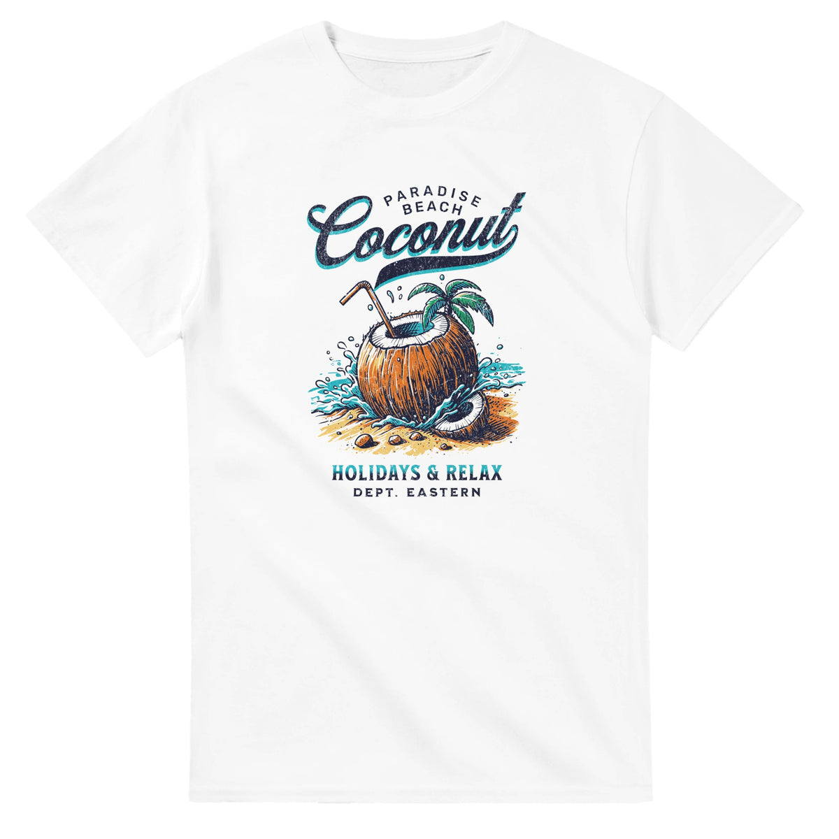 White cotton blend T-shirt featuring Coconut Beach graphic—coconut on a tropical beach with palm and blue water.