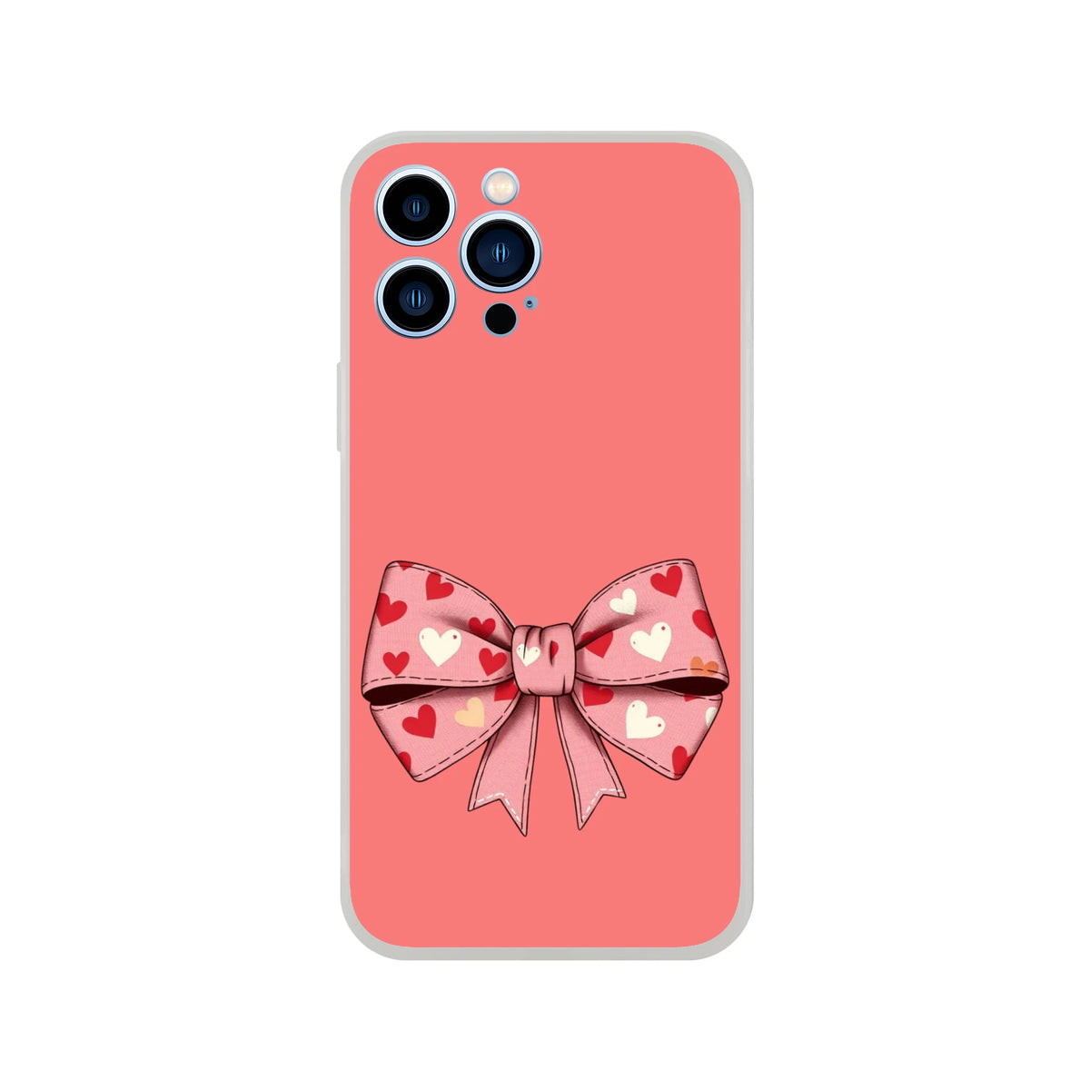 Cute pink and cream bow iPhone case (13-16) with heart-printed bow in Coquette aesthetic.