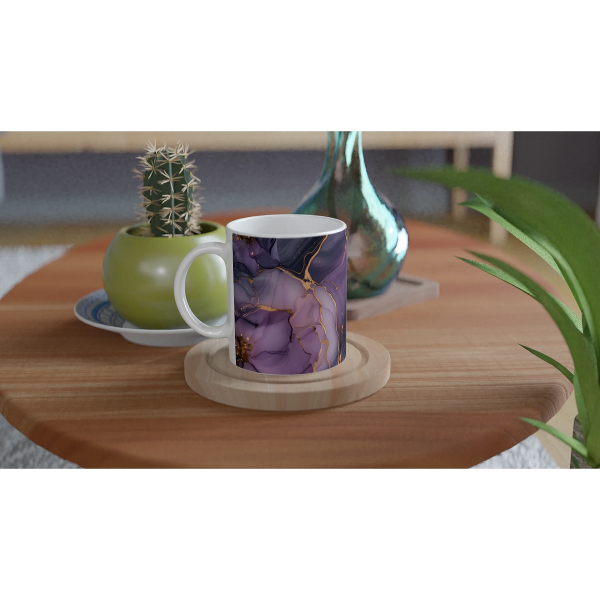 Purple and gold marble mug with abstract agate ceramic design on a wooden table beside a cactus.