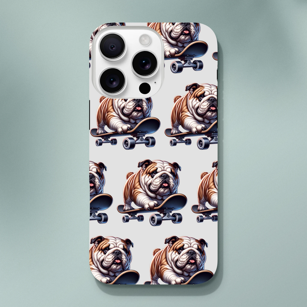 British Bulldog skateboard print protective case for iPhone 16, 15, 14, 13 with wraparound glossy two-layer design.