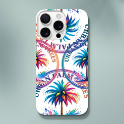 Vibrant tropical iPhone case featuring colorful watercolor palm trees and Urban Palm Trees text in a bold streetwear style.