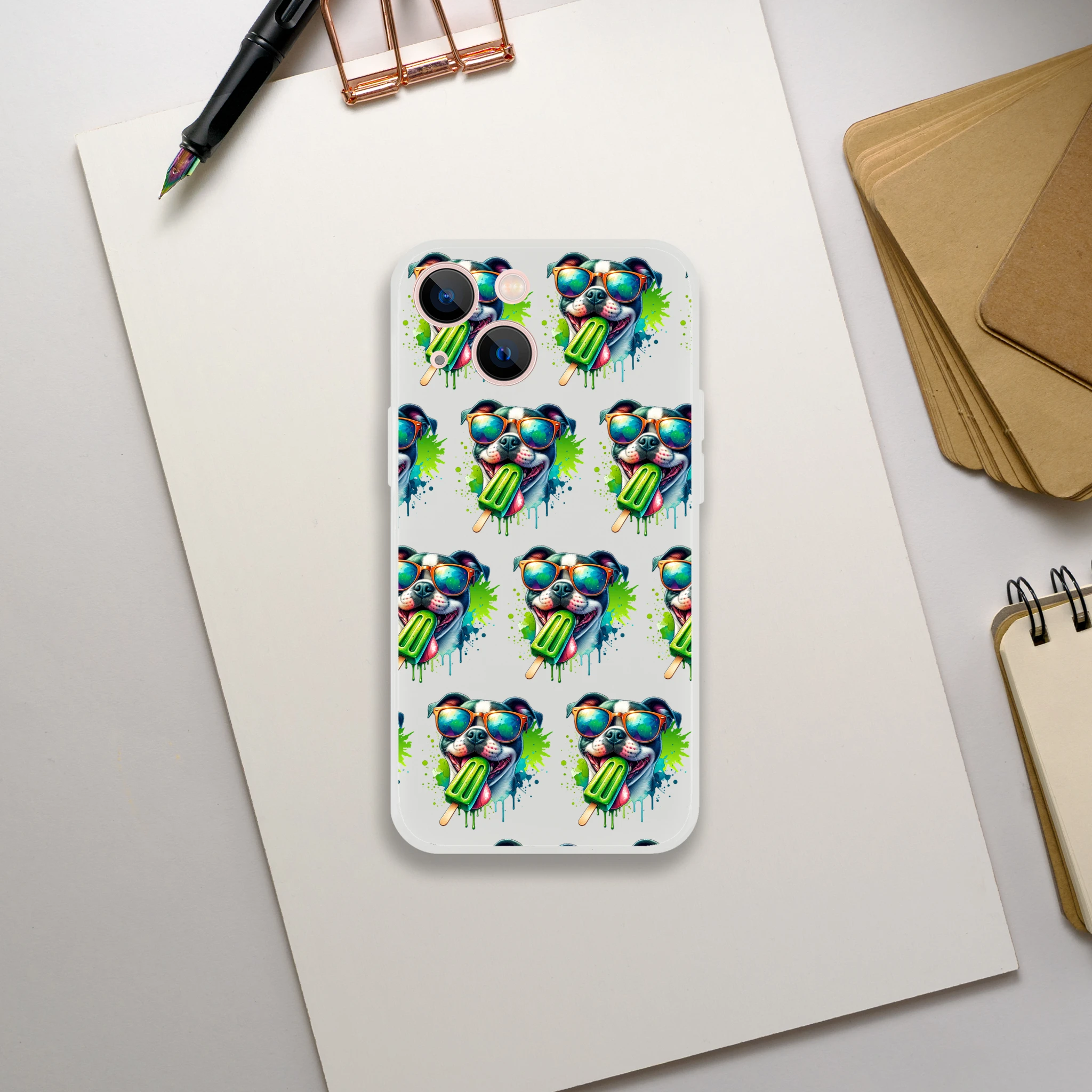 Transparent Chill Dog phone case for iPhone 13-16 with repeating sunglasses dog graphic holding a green popsicle