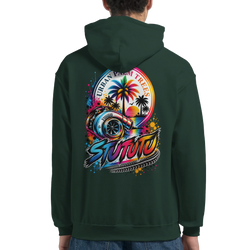Dark green hoodie featuring vibrant turbocharger graphic with palm trees, sunset, and STUTUTU car culture typography on the back.