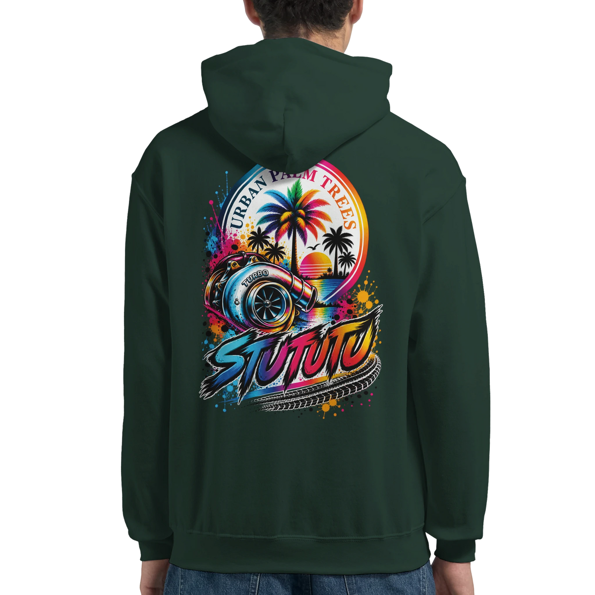 Dark green hoodie featuring vibrant turbocharger graphic with palm trees, sunset, and STUTUTU car culture typography on the back.
